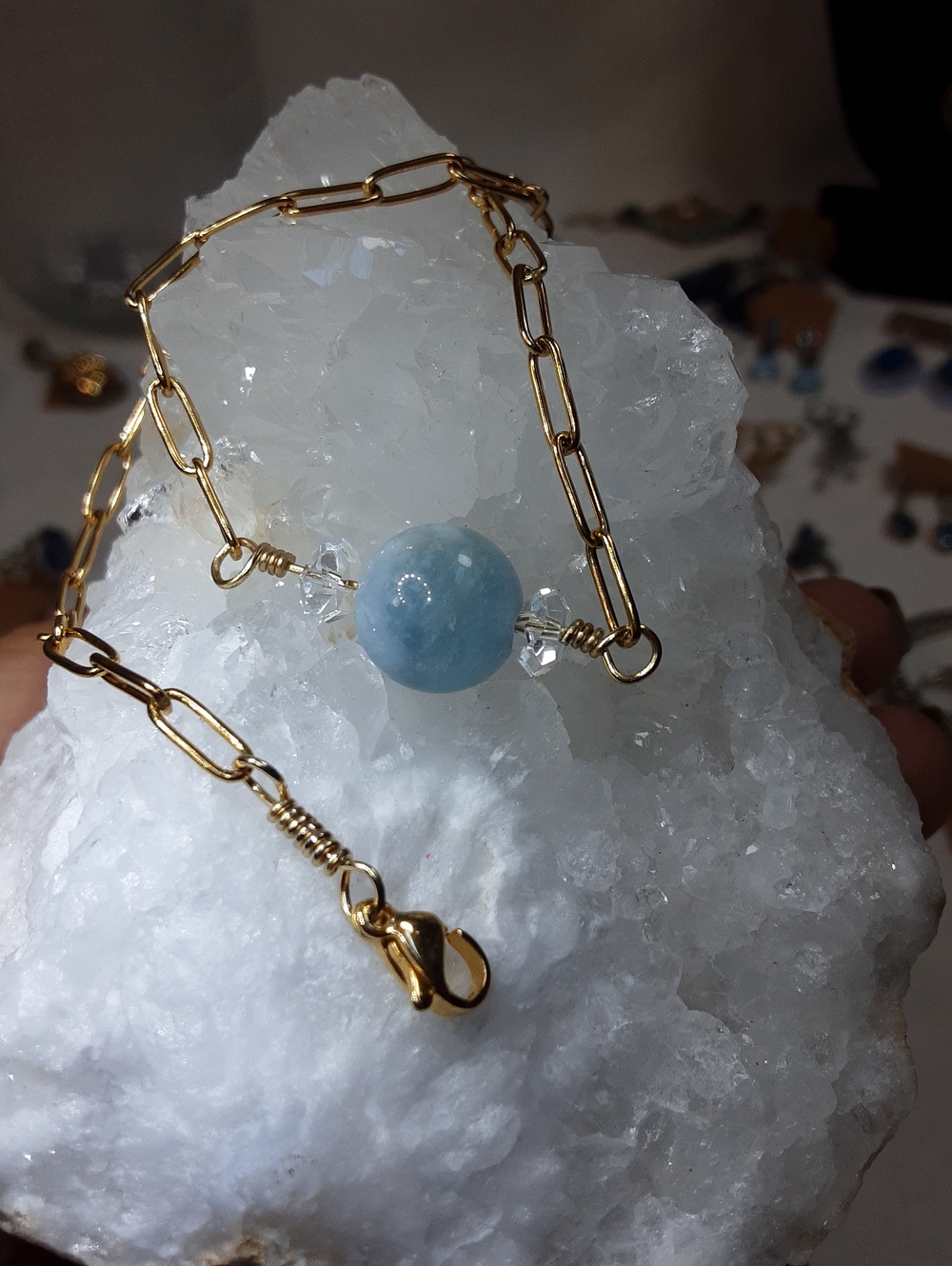 Gold Over Stainless Steel, 12mm Aquamarine, Herkimer Diamond Quartz.